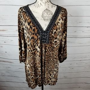 PERSEPTION Women Embellished V-Neck Leopard Top 2X